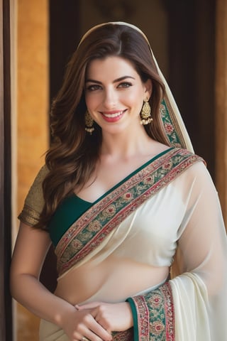 a breathtakingly happy beautiful Lebanon woman Anne hathway, saree, 36D, plus size brest, navel show, perfect symmetric eyes, natural skin texture, hyperrealism, soft light, sharp, 8k hdr, dslr, high contrast, cinematic lighting, high quality, film grain, Fujifilm XT3