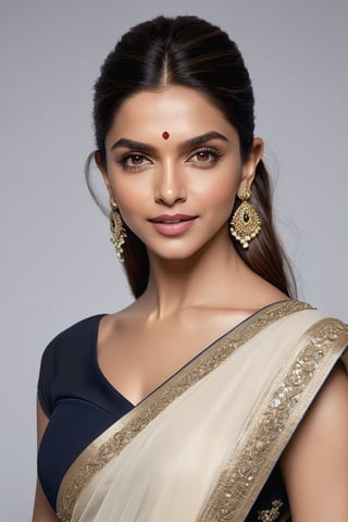 Here is the stunning portrait prompt: Create an 8K HDR portrait of Deepika Padukone posing confidently against a clean white background, her beautiful saree draping elegantly around her curvy figure and accentuating her 36D bust. Soft light wraps around her face, highlighting the contours of her features, with subtle film grain reminiscent of Fujifilm XT3's signature aesthetic. Her sparkling symmetric eyes shine with joy, framed by luscious lashes and set against a soft, natural skin texture.