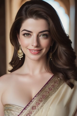 a breathtakingly happy beautiful Lebanon woman Anne hathway, saree, 36D, plus size brest, navel show, perfect symmetric eyes, natural skin texture, hyperrealism, soft light, sharp, 8k hdr, dslr, high contrast, cinematic lighting, high quality, film grain, Fujifilm XT3