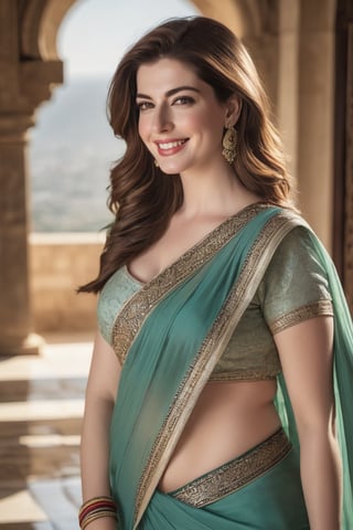 a breathtakingly happy beautiful Lebanon woman Anne hathway, saree, 36D, plus size brest, navel show, perfect symmetric eyes, natural skin texture, hyperrealism, soft light, sharp, 8k hdr, dslr, high contrast, cinematic lighting, high quality, film grain, Fujifilm XT3