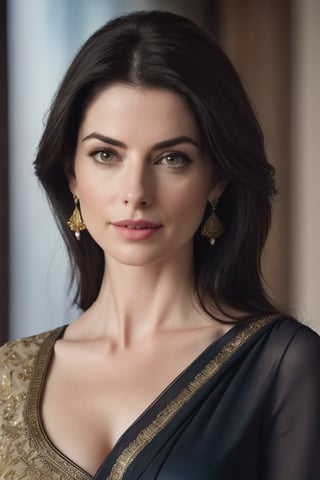 create a hyper realistic vertical photo of Caucasian most attractive woman in her 40s, Trendsetter wolf cut black hair, trending on artstation, portrait,perfect symmetric eyes, natural skin texture, hyperrealism, soft light, sharp, 8k hdr, dslr, high contrast, cinematic lighting, high quality, film grain, Fujifilm XT3, wearing saree, no blouse, in luxurious Villa, 36D , fairy tone, fair skin, flirty gaze, anne hathway