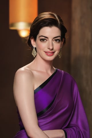 Anne Hathaway, a stunning Lebanese beauty, radiates joy in a vibrant saree against a softly lit, high-contrast background. 36D, plus size brest, navel show, Her symmetric eyes sparkle like diamonds under the warm glow of cinematic lighting, accentuating her natural skin texture. The 8K HDR image, captured with a DSLR camera, boasts film grain and Fujifilm XT3 precision, rendering every detail with hyperrealism.