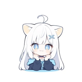 (chibi style), {{{masterpiece}}}, {{{best quality}}}, {{ultra-detailed}}, {beautiful detailed eyes},1girl, solo,  ((white hair)), very long hair, blue eyes, (straight hair), (bangs), animal ears, (stoat ears:1.2), Choker, ahoge, fangs, (big stoat Tail:1.2), (blue X hairpin), (White sleeveless collared dress, (Two-piece dress), (blue chest bow)), (black hooded oversized jacket:1.2), (Off the shoulders), (smiling), (hands on face), upper body,chibi emote style,chibi,emote, cute,Emote Chibi,anime,cute comic,txznf,flat style