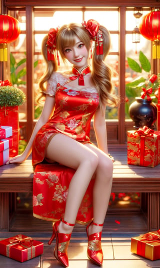 15 years old, 1girl, masterpiece, best quality, highly detailed, sharp focus, dynamic lighting, texture detail, particle effects, full body, Full Length Shot, blonde hair, red hair accessories, white Gorgeous dress, dynamic pose,, royal blue pupils, red ribbon bow, twin_tails, lace, big wavy hair, holding Gift_box, White High heels shoes, cat at feet, Realistic, smile, Chinese-style garden , spring , sitting , 

delicate pussy,fantai12,photorealistic , 