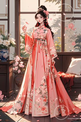 1girl, solo, long hair, black hair, hair ornament, long sleeves, dress, jewelry, standing, full body, flower, earrings, indoors, hand up, hair flower, wide sleeves, petals, window, sparkle, chinese clothes, pink dress, falling petals,ancient_beautiful