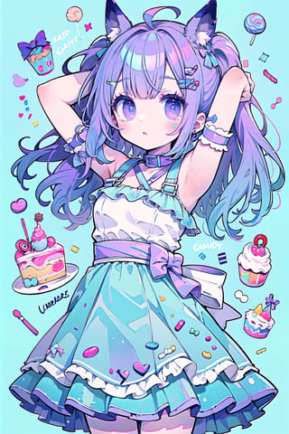 (masterpiece, best quality, highres:1.3), ultra resolution image, 8k, slender, design a cute girl, (purple-blue hair:1.2), twin ponytails, wearing ((candy and cake dress, frilled skirt, name neckstrap)), (arms up:1.1), from below, expression design, perfect human anatomy, dynamic, partial version, candy stickers, cake stickers, eyes stickers,
