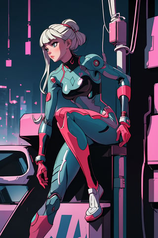 (best quality, masterpiece), 1girl, cyberpunk, mechanic, hime cut, high contrast, bodysuit, leaning back, pose, cyborg,