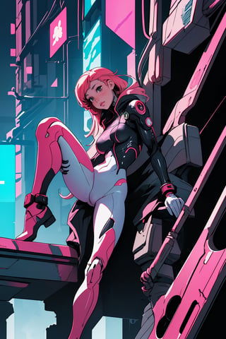 (best quality, masterpiece), 1girl, cyberpunk, mechanic, hime cut, high contrast, bodysuit, leaning back, pose, cyborg,