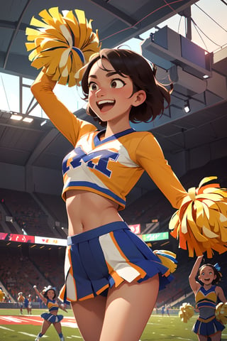 ((masterpiece)), illustrations, (solo:1.2), (original), (very detailed wallpaper), photographic reality, very detailed illustrations, (super-complex detail), (energetic expression:1.2), (dynamic pose:1.1), (female cheerleader:1.5), (cheerleading uniform:1.3), (stadium setting:1.2), (pom-poms:1.4), (team colors), (spirited performance), (excited crowd), (football game), (athletic agility), (high school spirit), (enthusiastic support), (team mascot), (cheerleading squad), (elaborate stunts), (synchronized dance moves), (upbeat music), (halftime show), (victory celebration), (school pride), (teamwork), (dedication), (rival teams), (loud cheers), (banner), (encouraging chants), (soaring spirit), (field lights), (team logo), (championship game), (hard work), (school tradition), (high energy), (flexibility), (smiling face), (game day), (winning spirit), (marching band), (detailed textures), (fine brush strokes)
