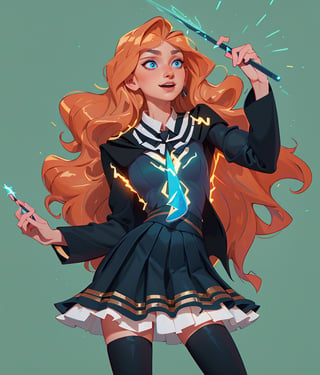 1girl, (caucasian skin), (( 20 years old)), cowboy shot, expressive pose, visualizer, spell expect patronum: translucent liger consisting of blue light, hogwarts student, in left hand magic stick with magical lights, (straight_hair, (very_long_hair:1.5), Light ginger hair), realistic blue eyes, smiling, long black wizard's magic cape with wide sleeves, pleated school black skirt, white shirt with tie, perfect body, perfect hips, perfect breasts, perfect ass, perfect makeup, sensual facial expression, cyan magic edge glow, leg_spread, full_body, perfect legs, perfect hands, perfect hair,SAM YANG