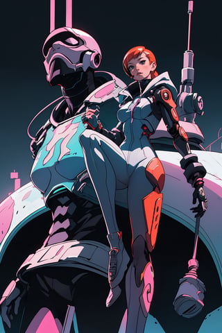 (best quality, masterpiece), 1girl, cyberpunk, mechanic, hime cut, high contrast, bodysuit, leaning back, pose, cyborg,