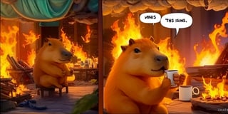 
INCRSTHISISFINEMEME,SOLO, FIRE, MUG,
 1capybara, drinking,
,IncrsThisIsFineMeme