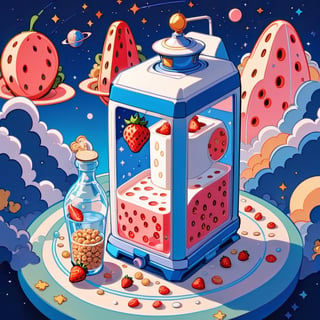 milk carton attachment with strawberry milk and small cereal inside, stylized,spacial colors, ohwx style,bubble,space station night,dreamy,luxurious,pixel art style,white and blue and shinning colors,simplified space station background,3d style,oni style