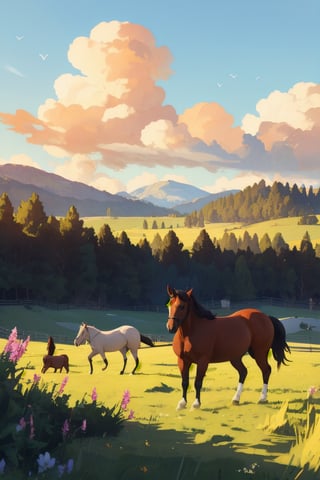 a ranch with horses, beautiful detailed horses, beautiful detailed ranch, detailed landscape, rolling hills, meadows, trees, blue sky, fluffy clouds, warm lighting, golden hour, vibrant colors, (best quality,4k,8k,highres,masterpiece:1.2),ultra-detailed,(realistic,photorealistic,photo-realistic:1.37),highly detailed, cinematic composition, dramatic lighting, stunning scenery, pastoral, idyllic
