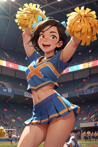 ((masterpiece)), illustrations, (solo:1.2), (original), (very detailed wallpaper), photographic reality, very detailed illustrations, (super-complex detail), (energetic expression:1.2), (dynamic pose:1.1), (female cheerleader:1.5), (cheerleading uniform:1.3), (stadium setting:1.2), (pom-poms:1.4), (team colors), (spirited performance), (excited crowd), (football game), (athletic agility), (high school spirit), (enthusiastic support), (team mascot), (cheerleading squad), (elaborate stunts), (synchronized dance moves), (upbeat music), (halftime show), (victory celebration), (school pride), (teamwork), (dedication), (rival teams), (loud cheers), (banner), (encouraging chants), (soaring spirit), (field lights), (team logo), (championship game), (hard work), (school tradition), (high energy), (flexibility), (smiling face), (game day), (winning spirit), (marching band), (detailed textures), (fine brush strokes)
