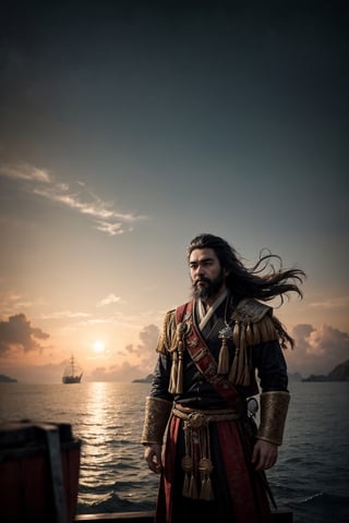 A handsome malayan  bearded pirates standing in his ship, wearing traditional malayan warrior outfit, epic sky background, windy, mist, depth of field, cinematic, masterpiece, best quality, high resolution 