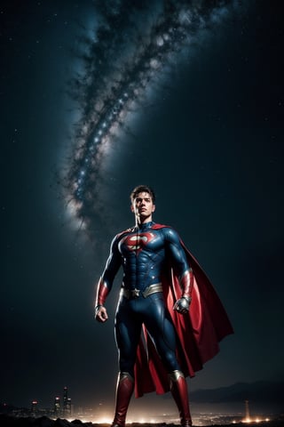 A hyperrealistic, cinematic-still portrait of a superhero, standing in a heroic pose, with a determined expression and a backdrop of a star-filled night sky, masterpiece, best quality, high resolution