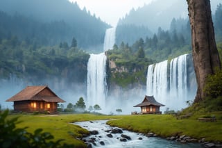 Small house in indonesian landscapes with pine trees and waterfall while rainy, misty, overcast, beautiful, UHD, 4K, 1080P