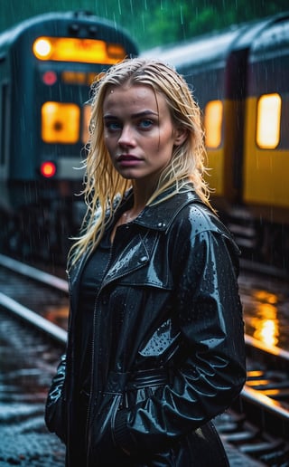 Raw photo of a blonde girl, stand near train, rain, wet, dark noir, horror. Futuristic outdoor. Realistic, warm studio lighting, sharp focus, colorful, depth of field, best quality, focus F/2 105mm Wide lens, simple background, ISO 100, 16k resolution.