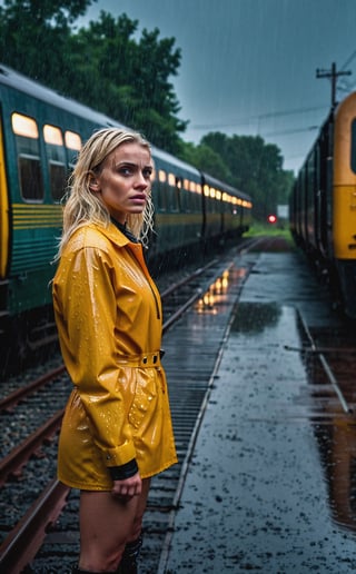 Raw photo of a blonde girl, stand near train, rain, wet, dark noir, horror. Futuristic outdoor. Realistic, warm studio lighting, sharp focus, colorful, depth of field, best quality, focus F/2 105mm Wide lens, simple background, ISO 100, 16k resolution.