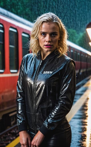 Raw photo of a blonde girl, stand near train, rain, wet, dark noir, horror. Futuristic outdoor. Realistic, warm studio lighting, sharp focus, colorful, depth of field, best quality, focus F/2 105mm Wide lens, simple background, ISO 100, 16k resolution.