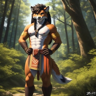 full_body, anhtro, male, fox, (lioncloth, tribal accessories, tribal piercing, hair with braids), eyes, male_nipples, hands_on_hips, smile, smiling, dagger on hip, hyper realistic fur, natural fur, detailed fur, fluffy, forest, trees, tribal village background, complex_background, complicated_background, detaled_background, 8k, ( by zackarry911 )