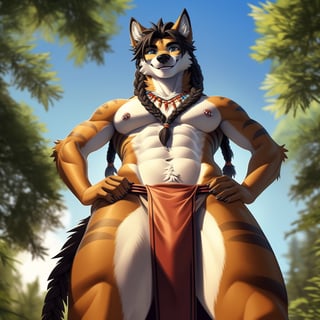 full_body, anhtro, male, Quetzalcoatl, (,loincloth, tribal accessories, tribal piercing, hair with braids), eyes, male_nipples, hands_on_hips, smile, smiling, hyper realistic fur, natural fur, detailed fur, fluffy, forest, tribal village (background), complex_background, complicated_background, detaled_background, 8k, low_angle_shot,(by solly)