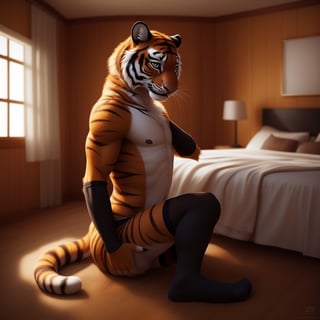 Full body, male, solo ,anhtro , tiger , Skinny body ,( femboy outfits, open large black Socks, black panties ,black arm_warmers ,lingeries), niples, supernumerary_nipples ,shy, shy_expresion, blushing, sexy pose, room, room decoration, coach, bead, wall decoration ,hyper realistic fur, natural fur, detailed fur, inner ear fluff, neck tuft, chest tuft, hindpaw,realistic fur ,fluffy ,realistic, photorealistic, every detail of this beautiful, insanely detailed, detailed background, insanely detailed, perfect composition, beautiful, detailed intricate, ultra realistic, 8k.
