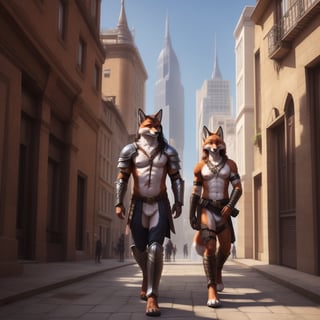 full_body , anthro, male .scar, body scars , fox,  armor, leather_armor, bare_shoulders, bare_pecs, bare_pectorals, bare_chest, walking,curly_hair, longhair, nippes, pink nipples, natural fur, inner ear fluff, neck tuft, chest tuft, hindpaw, fluffy,  city, people walking, fantasy, building, ( anthro furry people walk) ,detailed background, realistic, photorealistic, ultra realistic, 8k, realistic, Full body, every detail of this beautiful, insanely detailed, detailed background, , beautiful, detailed intricate, ultra realistic.