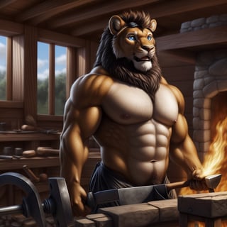 full_body, male, lion, blue_eyes ,muscle, nipples, areola, large nipples, pecs, large pecs, expre, facial_expressions, (, goggles, blacksmithing, blacksmith apron, hammering, forge, anvil, forge,), nippes, pink nipples, blacksmithing ,village, nordic village, open_room ,fantasy, detailed background, realistic, photorealistic, ultra realistic, 8k, realistic, every detail of this beautiful, insanely detailed, detailed background, , beautiful, detailed intricate, ultra realistic,perfecteyes,nj5furry,FurryCore