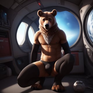 cyber punk ,Full body, male, solo ,anhtro , bear , Skinny body ,( femboy outfits, open large black Socks, black panties ,black arm_warmers ,lingeries), niples ,shy, shy_expresion, blushing, sexy pose ,space station, background window space ,room decoration, wall decoration ,hyper realistic fur, natural fur, detailed fur, inner ear fluff, neck tuft, chest tuft, hindpaw,realistic fur ,fluffy ,realistic, photorealistic, every detail of this beautiful, insanely detailed, detailed background, insanely detailed, perfect composition, beautiful, detailed intricate, ultra realistic, 8k.