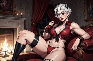 vayneSoL, 1girl, short hair, white hair, demon horn, tail, black horns, gray eyes, sunglasses, round eyewear, breasts, solo, hair between eyes, thick thighs, red lips, black thong, red shirt, collared red shirt, open shirt, v-neck, neckline, cowboy shot, black necktie, tie clip, black belt, demon tail, red gloves, fingerless gloves, muscular abdomen, toned, navel, abs, collarbone, muscular female, thigh high black boot, (masterpiece:1.2), (best quality), (ultra detailed), (8k, 4k, intricate), (highly detailed:1.2), (detailed face:1.2), (detailed background), lying on a large red sofa, living room of a luxurious mansion illuminated by a fireplace in the background, both fists closed, justice(helltaker)