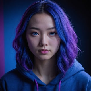 Close up photo of beautiful Japanese woman, blue purple wavy hair, beautiful blue eyes, blue purple Hoodie, blue purple background, natural pink lips, artistic photography, dim light, dark, low light, award winning photography, detailed perfect face, front view photo