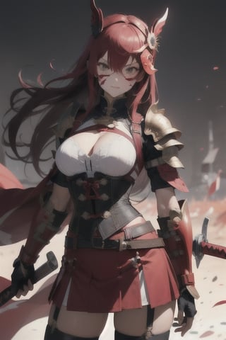 Red mask, red forhead_protector, red_samurai_short_armour_corset_like red miniskirt red metal, japanese_beauty, sexyfitt, with two kodashi_sword, black long hair yamamoto_princess like