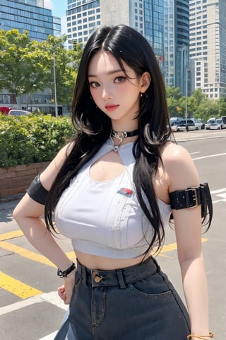 1girl, looking at viewer, 
styled clothes, large breasts, skirt, croptop, center opening, piercing, bracelets, natural lighting, high quality, ultra detailed, simple background, best quality, professionally color graded, sharp focus, aespakarina, sagging breasts,aespakarina