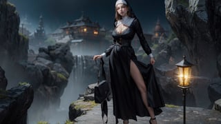 full body, 1girl, looking at viewer, large breasts, sexy nun clothes, garterbelt, lace, cleavage, detailed clothing, cutout clothing, hair accessories, different hairstyle, earrings, pussy edge, night, light,
cinematic composition, dynamic composition, dynamic angle, cowboy shot, pussy focus, fantasy, science fiction,
digital painting, official art, unity 8k wallpaper, masterpiece, best quality, chimaiv7,