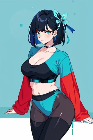 (masterpiece, best quality), 1lady, solo, (upper body),
Elegant and casual turquoise tshirt with simple designs
makeup,(blue theme)
,dark solid color background,
sleek bob,black_hair,red arm_bracelet,sexy,visible v line ,visible waist,wearing pantyhose,cleavage,leaning_forward,pixel_art
