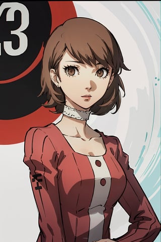 ((masterpiece, best quality)) Persona3Yukari, 1girl, solo, short hair, brown hair, brown eyes, leaning_forward, towards viewer , upper_body,Persona3Yukari, white choker