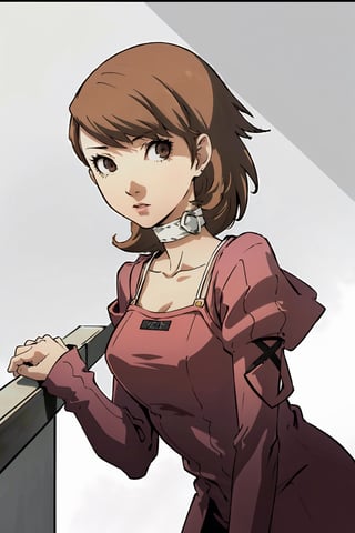 ((masterpiece, best quality)) Persona3Yukari, 1girl, solo, short hair, brown hair, brown eyes, leaning_forward, upper_body,Persona3Yukari, white choker, bending over , viewed from side