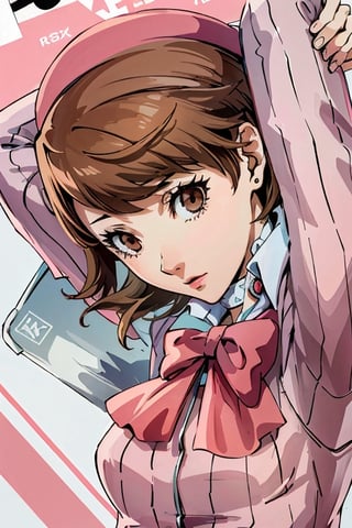 ((masterpiece, best quality)) Persona3Yukari, 1girl, solo, short hair, brown hair, brown eyes, upper_body,Persona3Yukari, white choker,viewed from side, arms_above_head , pink and white themed dress, pink cap,green theme