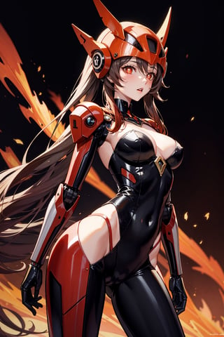 abstract , mecha , fembot, robot,body_suit,wearing helmet, black mask, sexy, revealing,dark background simple background,1 girl, hutao, black and red theme robot outfit, body suit, red theme