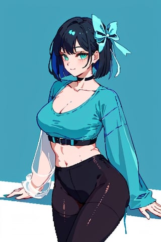 (masterpiece, best quality), 1lady, solo, (upper body),
Elegant and casual turquoise tshirt with simple designs
makeup,(blue theme)
,dark solid color background,
sleek bob,black_hair,red arm_bracelet,sexy,visible v line ,visible waist,wearing pantyhose,cleavage,leaning_forward,pixel_art