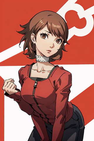 ((masterpiece, best quality)) Persona3Yukari, 1girl, solo, short hair, brown hair, brown eyes, leaning_forward, upper_body,Persona3Yukari, white choker, bending over , viewed from side