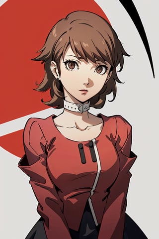 ((masterpiece, best quality)) Persona3Yukari, 1girl, solo, short hair, brown hair, brown eyes, leaning_forward, towards viewer , upper_body,Persona3Yukari, white choker