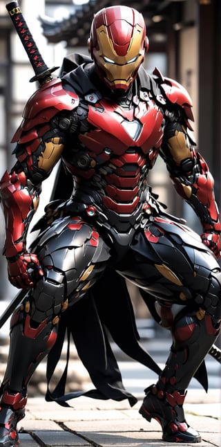 solo, 1boy, full body, weapon, male focus, sword, armor, blurry, bodysuit, mask, blurry background, squatting, katana, sheath, sheathed, japanese armor, one knee, superhero, weapon on back, ironman web print