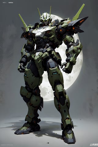 Mech solo, hulk colorway, standing, full body, grey background, no humans, robots in background, mecha, clenched hands, science fiction, looking ahead hero stance, nighttime scene full_moon, 
