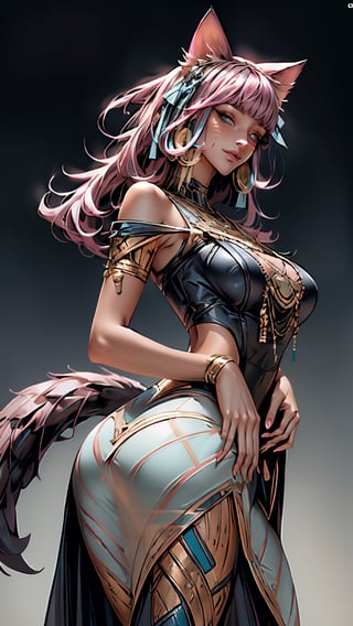 (((Masterpiece))), ah4, Ahri with (perfect_face) pink hair ((blue eyes)) ((multiple fox tails)), wearing egyptpunk styled transparent dress with cleavage bare shoulders and hair ribbon , egyptpunk ,egiptian pyramids in magical desert, Egypt, photorealistic , high res, detailed, 4k, ,mtu virus, looking at viewer, from below