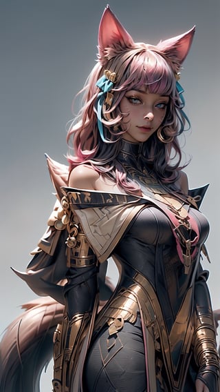 (((Masterpiece))), ah4, Ahri with (perfect_face) pink hair ((blue eyes)) ((multiple fox tails)), wearing egyptpunk styled transparent dress with cleavage bare shoulders and hair ribbon , egyptpunk ,egiptian pyramids in magical desert, Egypt, photorealistic , high res, detailed, 4k