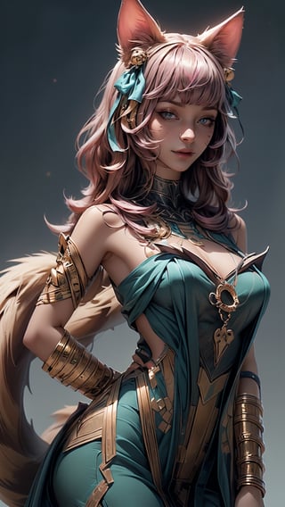 (((Masterpiece))), ah4, Ahri with (perfect_face) pink hair ((blue eyes)) ((multiple fox tails)), wearing egyptpunk styled transparent dress with cleavage bare shoulders and hair ribbon , egyptpunk ,egiptian pyramids in magical desert, Egypt, photorealistic , high res, detailed, 4k