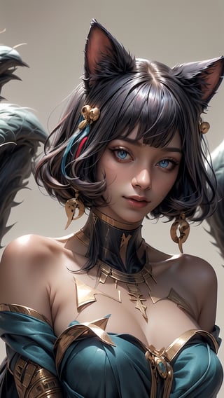 (((Masterpiece))), aj4, Ahri with (perfect_face) pink hair ((blue eyes)) ((multiple fox tails)), wearing egyptpunk styled dress with bare shoulders and hair ribbon , egyptpunk ,egiptian pyramids in magical desert, Egypt, photorealistic , high res, detailed, 4k
